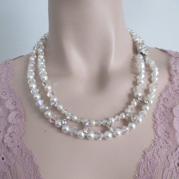 Vintage 2 Strand Necklace Pearl Beads Crystals Rhinestone Clasp on the Side - Picture 1 of 6